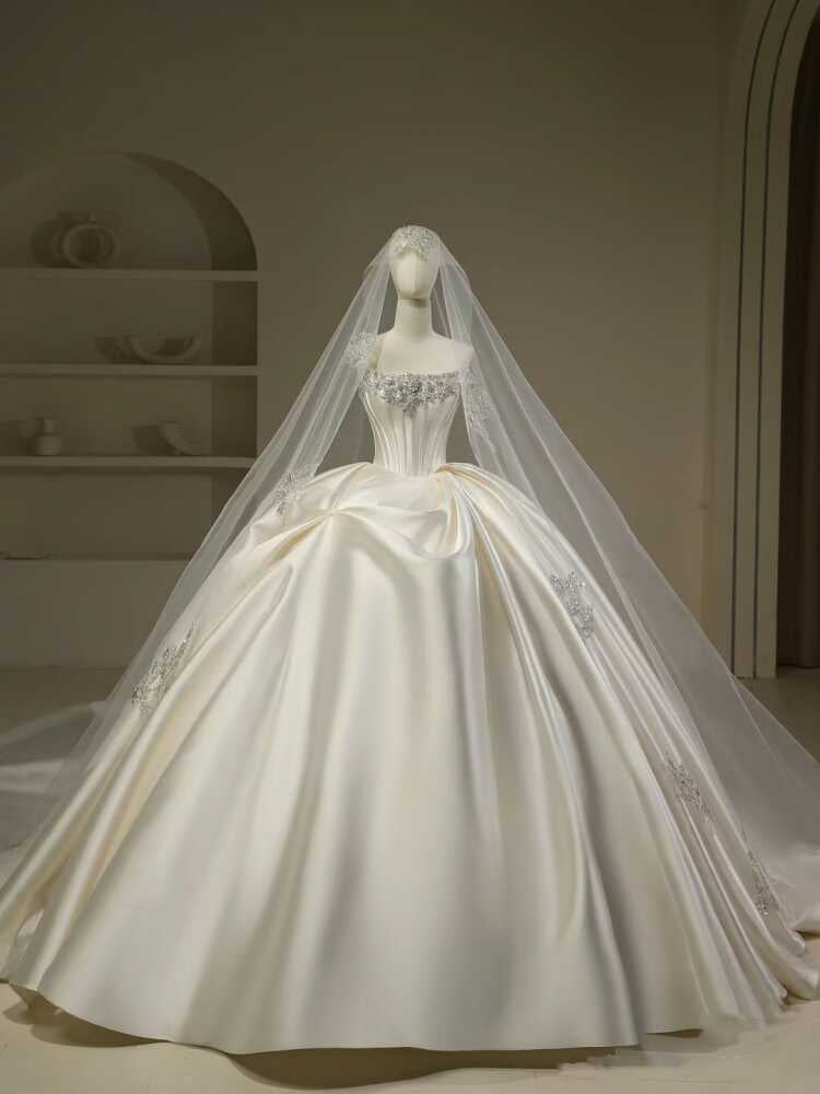 Pretty Wedding Dress Ball Gown Strapless White Long Satin Wedding Dresses Bridal Gowns Brides Gown DH111