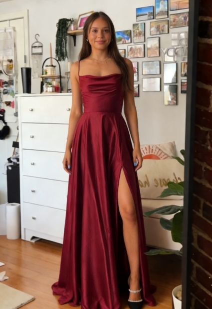 Elegant A line Spaghetti Straps Burgundy Backless Long Prom Dresses Party Dress Summer 20th Birthday Outfits 18th Birthday Dress Inspo For Teens DH120