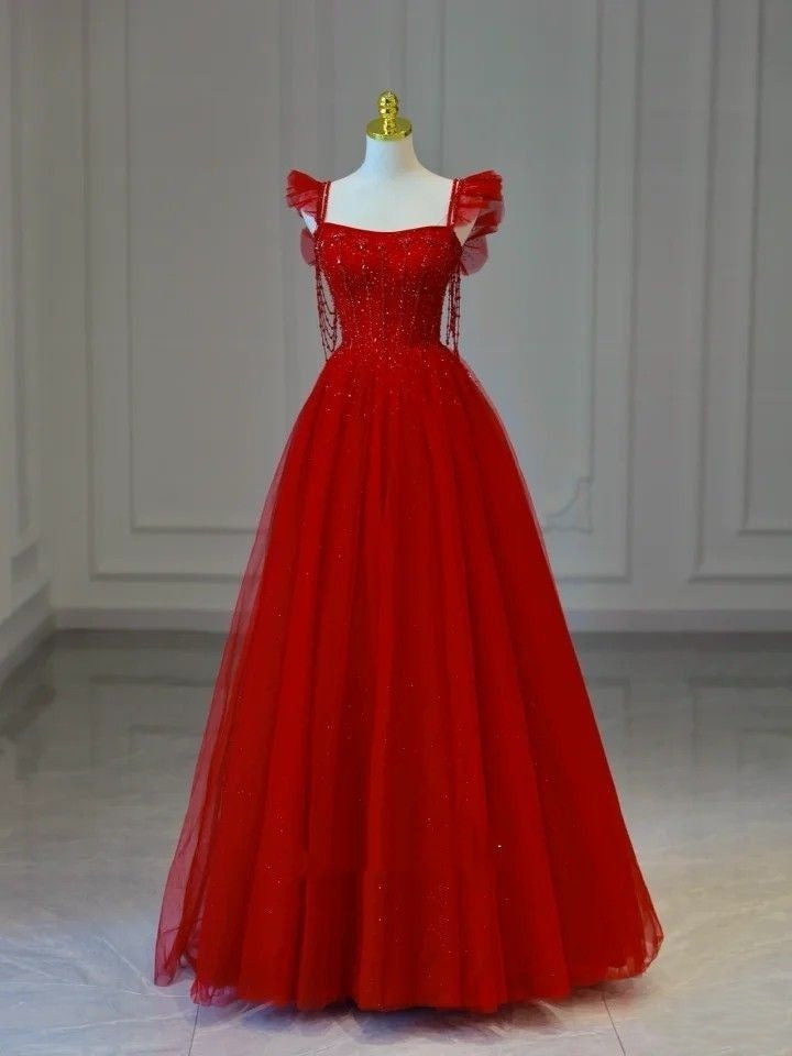 Elegant A line Spaghetti Straps Red Long Prom Dresses Party Dress Summer 20th Birthday Outfits 18th Birthday Dress Inspo For Teens DH122