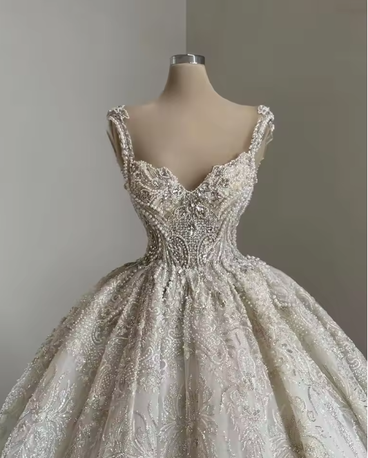 Robe de mariée unique, robe de bal, bretelles, col, paillettes blanches, jolies robes de mariée DH1222