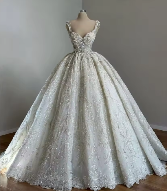 Robe de mariée unique, robe de bal, bretelles, col, paillettes blanches, jolies robes de mariée DH1222