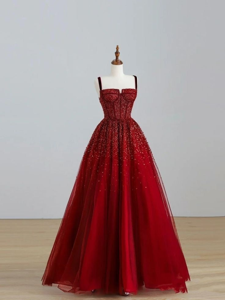 Elegant Ball Gown Spaghetti Straps Wine Red Long Prom Dresses Party Dress Summer 20th Birthday Outfits 18th Birthday Dress Inspo For Teens DH123