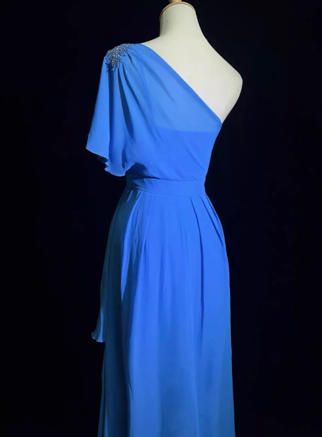 Vintage A line One Shoulder Sleeveless Royal Blue Chiffon Petite Mother Of Bride Dress Party Gown Floor Length For Summer Women Wedding DH1269
