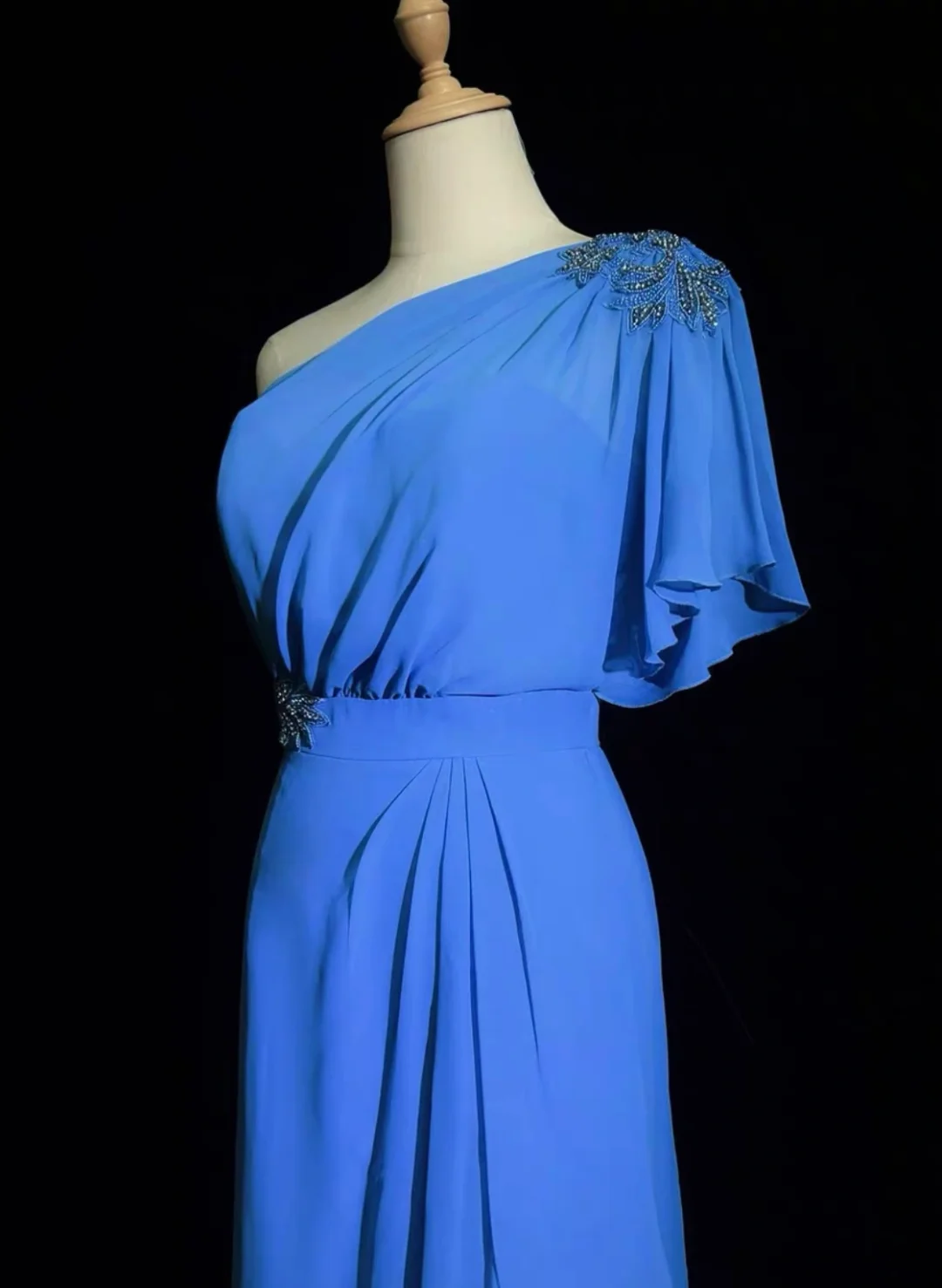 Vintage A line One Shoulder Sleeveless Royal Blue Chiffon Petite Mother Of Bride Dress Party Gown Floor Length For Summer Women Wedding DH1269