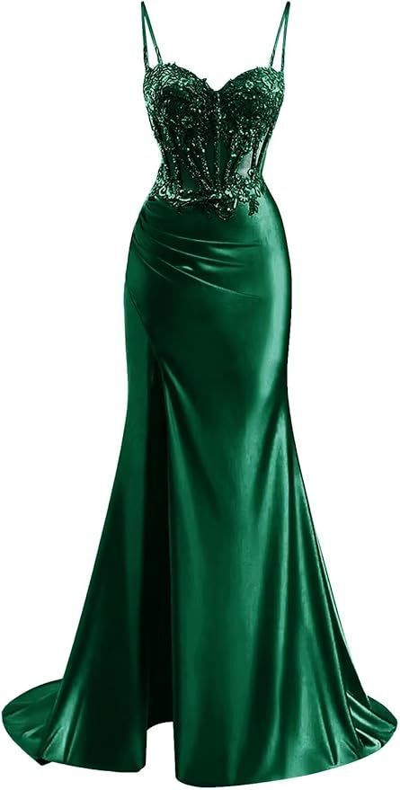 Elegant Mermaid Spaghetti Straps Green Satin Long Prom Dresses Party Dress Summer 20th Birthday Outfits 18th Birthday Dresses DH1278