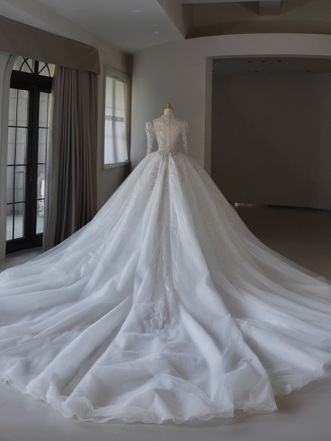 Luxury Ball Gown V Neck Long Sleeves Lace Wedding Dress With Silver Beads Wedding Dresses Modest Wedding Gowns Brides Dress DH1301
