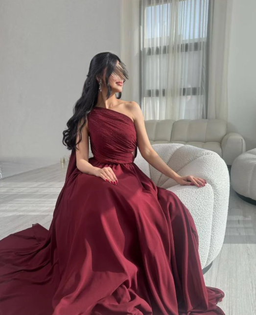 Classy A line One Shoulder Burgundy Long Formal Prom Gown Summer Wedding Guest Dress Bridal Guest Dresses Wedding Outfits For Guest DH139