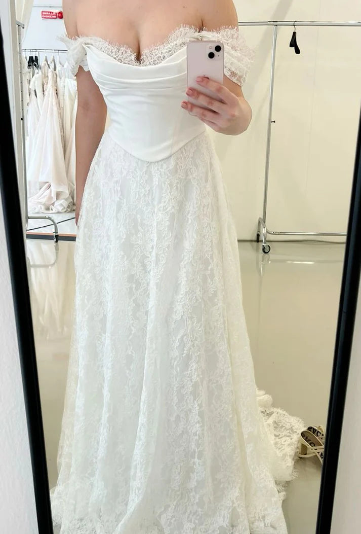 Princess Bridal Dress Mermaid Off The Shoulder Lace Wedding Dress With Short Sleeves Wedding Dresses Modest Wedding Gowns DH1427