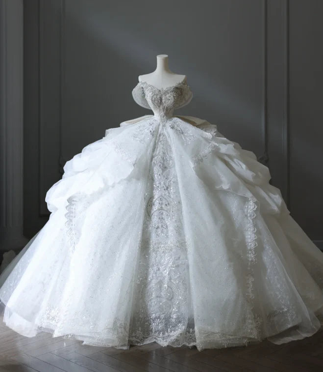 Princess Bridal Dress Ball Gown Off The Shoulder Tulle Wedding Dress With Short Sleeves Wedding Dresses Modest Wedding Gowns DH1503