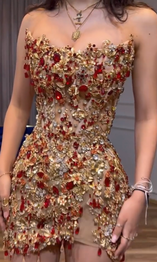 Trendy Sheath Strapless Beads Gold Mini Short Formal 8th Grade Homecoming Dresses Middle School Cocktail Dress Cocktail Outfits DH1509