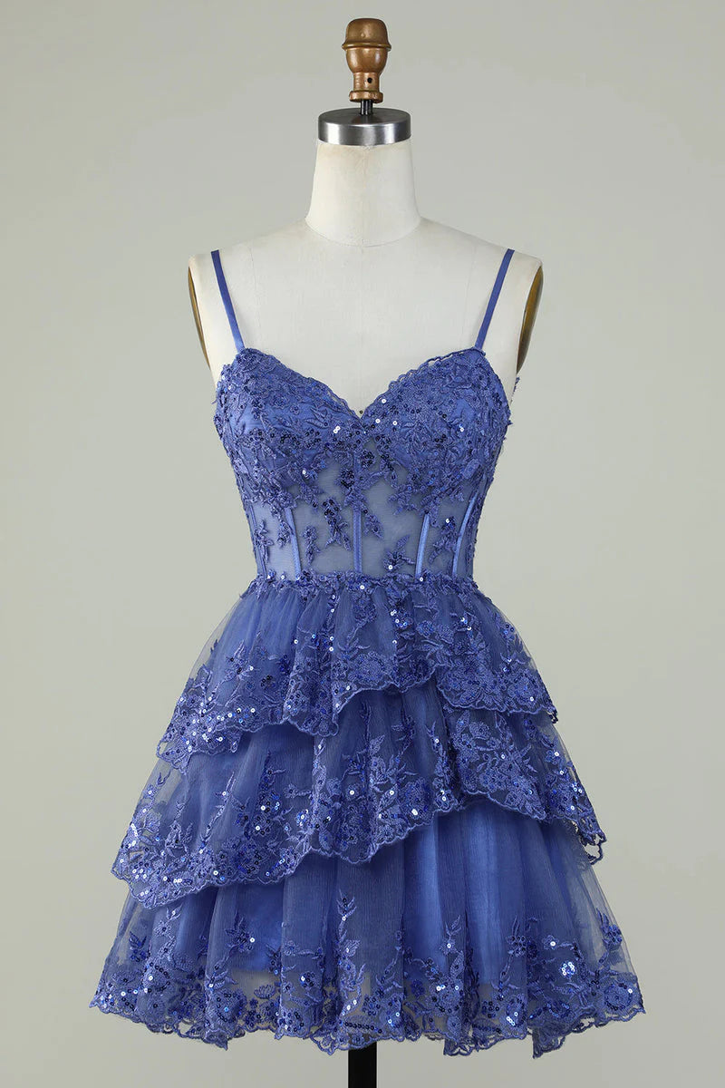 Unique A line Spaghetti Straps Blue Lace Short Mini Formal 7th Grade Homecoming Dresses Middle School Short Cocktail Night Dress Hoco Outfits DH1513
