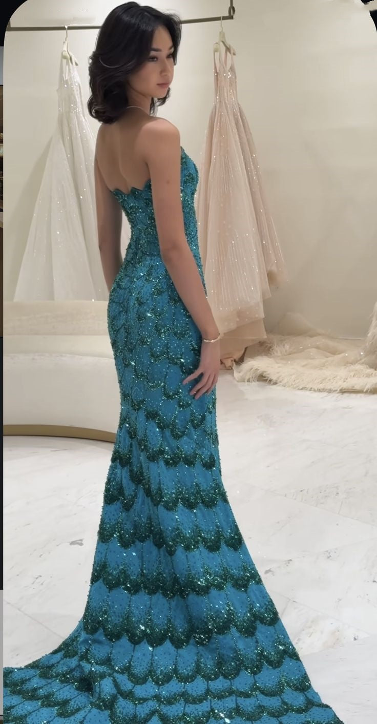 Robe de bal élégante à paillettes bleues, sans bretelles, tenue de soirée pour 22e anniversaire, 18e anniversaire, DH1584