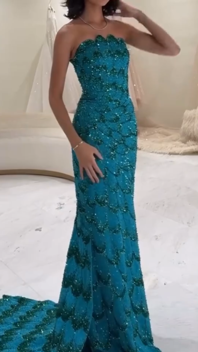 Robe de bal élégante à paillettes bleues, sans bretelles, tenue de soirée pour 22e anniversaire, 18e anniversaire, DH1584