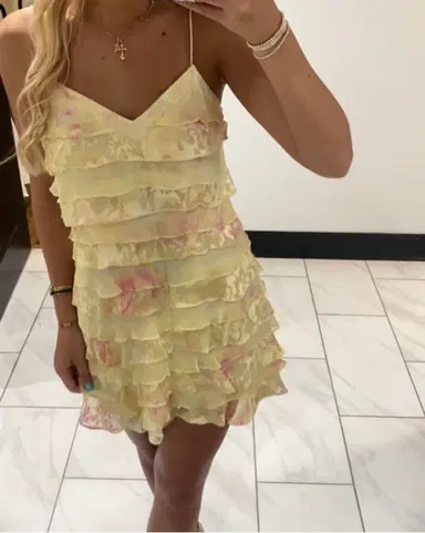 Modest A line Spaghetti Straps Yellow Floral Chiffon Mini Short Formal 8th Grade Homecoming Dresses Middle School Semi Formal Hoco Dress Cocktail Outfits DH1663