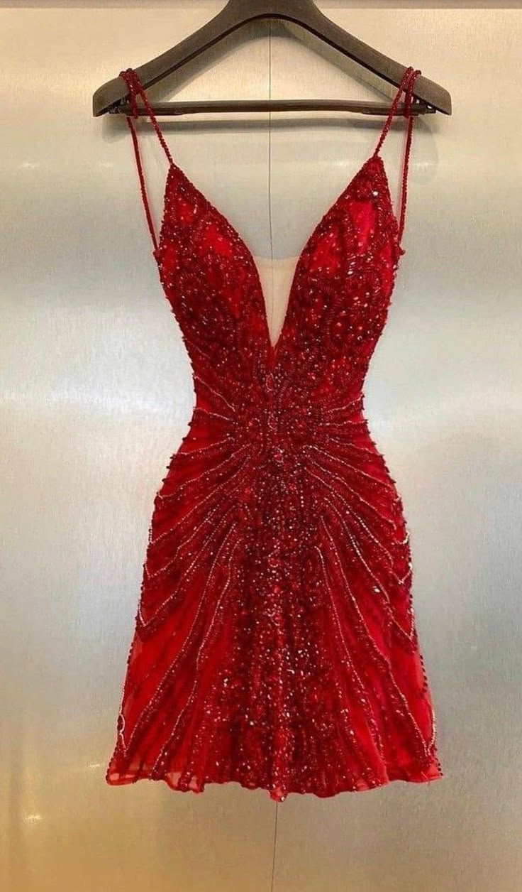Classy A Line Spaghetti Straps Red Sequin Formal 8th Grade Homecoming Dresses Middle School Hoco Dress Birthday Dress Hoco Outfits DH1692