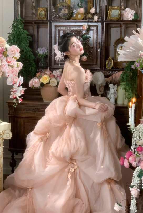 Vintage Wedding Gown Bridal Dress Ball Gown Strapless Organza Wedding Dress Pink Wedding Dresses Modest Wedding Gowns DH1761