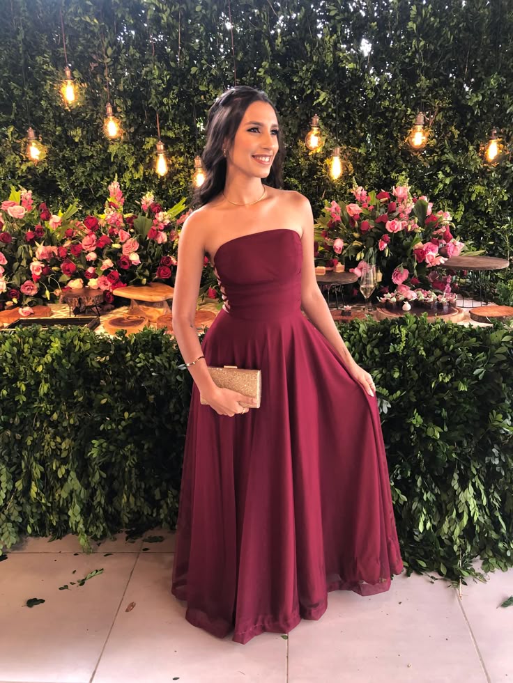 Edles A-Linien-Trägerloses Burgunder Chiffon Langes formelles Ballkleid Sommerkleid für Hochzeitsgäste Brautgastkleider Hochzeits-Outfits für Gäste DH178