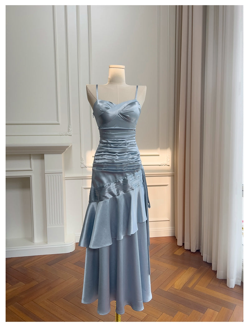 Sexy Mermaid Spaghetti Straps Dusty Blue Satin Long Prom Dresses Party Dress 20th Birthday Outfits Graduation Dresses DH1910