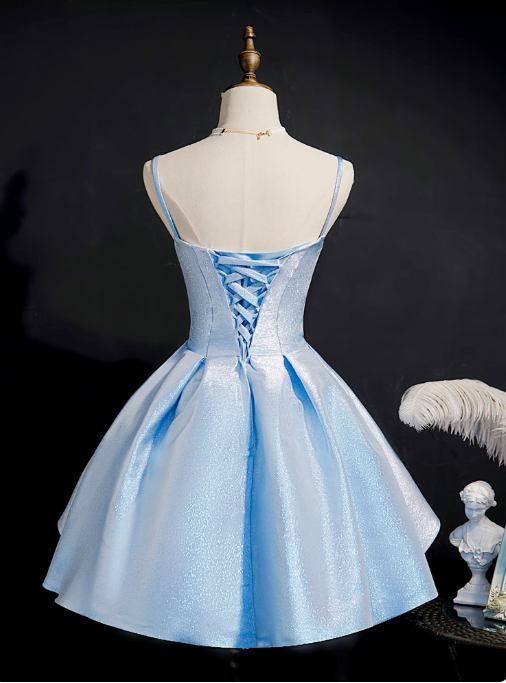 Simple A line Spaghetti Straps Blue Satin Formal 8th Grade Homecoming Dresses Middle School Short Birthday Gowns Graduation Dress Hoco Outfits DH1997