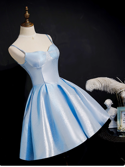 Simple A line Spaghetti Straps Blue Satin Formal 8th Grade Homecoming Dresses Middle School Short Birthday Gowns Graduation Dress Hoco Outfits DH1997