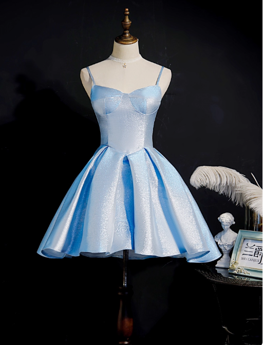 Simple A line Spaghetti Straps Blue Satin Formal 8th Grade Homecoming Dresses Middle School Short Birthday Gowns Graduation Dress Hoco Outfits DH1997