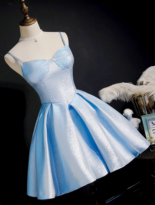 Simple A line Spaghetti Straps Blue Satin Formal 8th Grade Homecoming Dresses Middle School Short Birthday Gowns Graduation Dress Hoco Outfits DH1997
