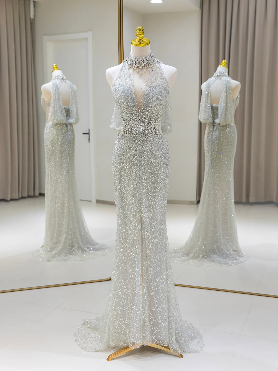 Sexy Mermaid High Neck Silver Gray Sequin Long Prom Dresses Party Dress 20th Birthday Outfits Graduation Dresses DH2079