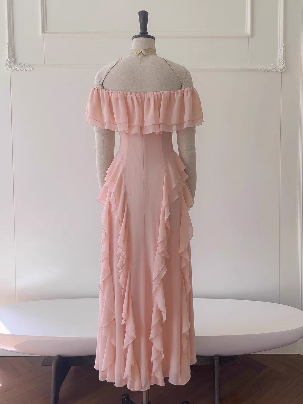Sexy A Line Off The Shoulder Blush Pink Chiffon Long Prom Dresses Party Dress 20th Birthday Outfits Graduation Dresses DH2119