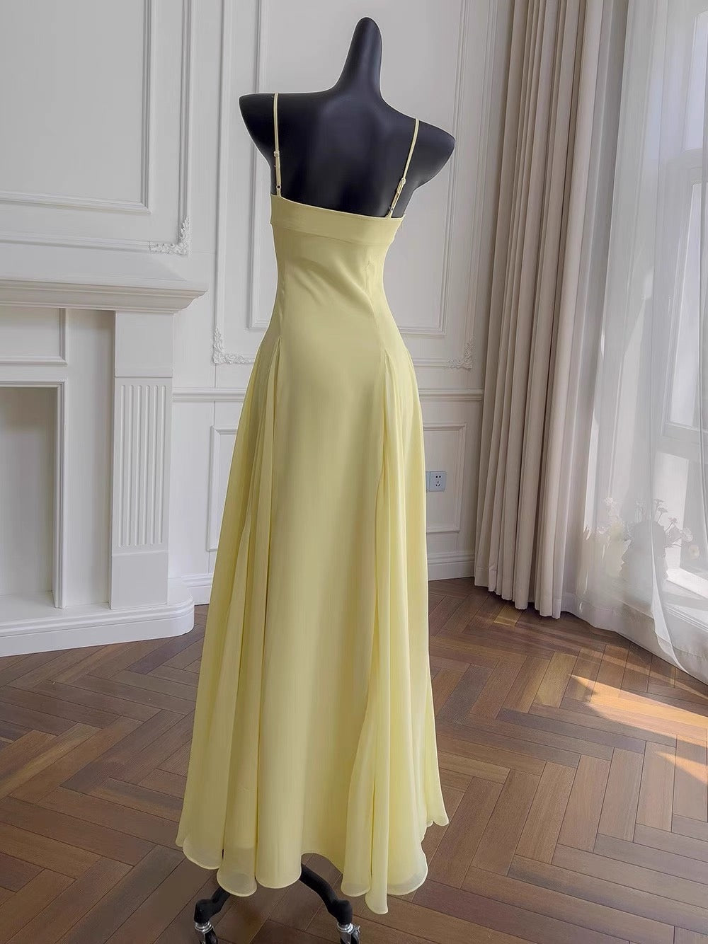 Simple A line Spaghetti Straps Yellow Chiffon Long Prom Dresses Party Dress 20th Birthday Outfits Graduation Dresses DH2128