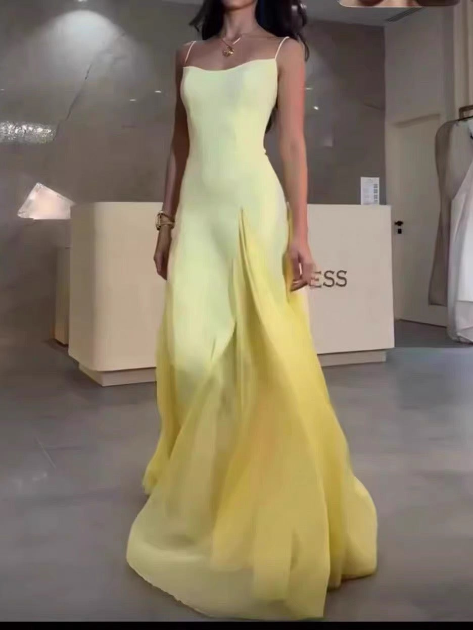 Simple A line Spaghetti Straps Yellow Chiffon Long Prom Dresses Party Dress 20th Birthday Outfits Graduation Dresses DH2128