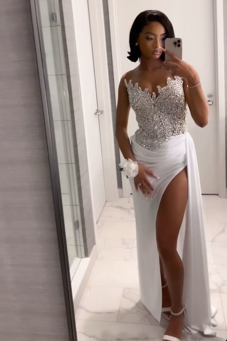 Sexy Mermaid Sweetheart Silver Gray Sequin White Long Prom Dresses Party Dress 20th Birthday Outfits Graduation Dresses DH2136