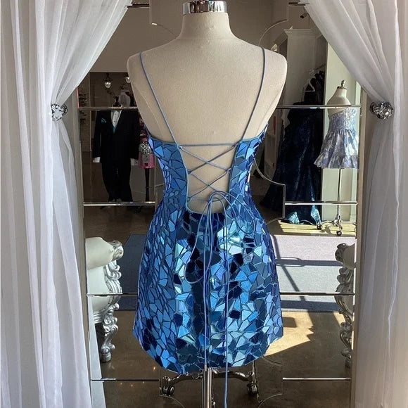 Robe fourreau à bretelles spaghetti, bleu roi, moulante, à paillettes, tenue de soirée, courte, robe de cocktail, robe de remise de diplôme, robe Hoco DH2172