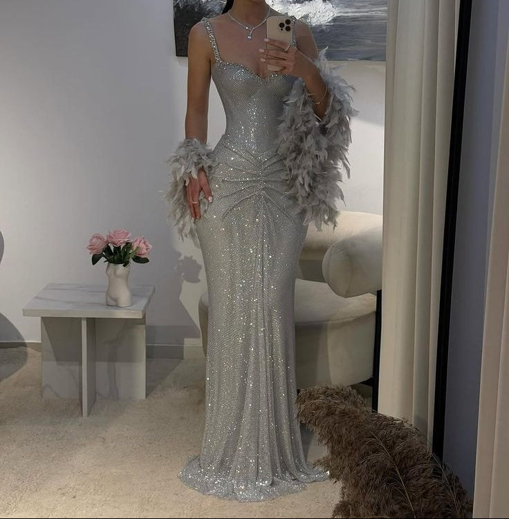 Sexy Mermaid Straps Silver Sequin Long Prom Dresses Party Dress 20th B DivineProm Sexy Mermaid Straps Silver Sequin Long Prom Dresses Party Dress 20th B DivineProm