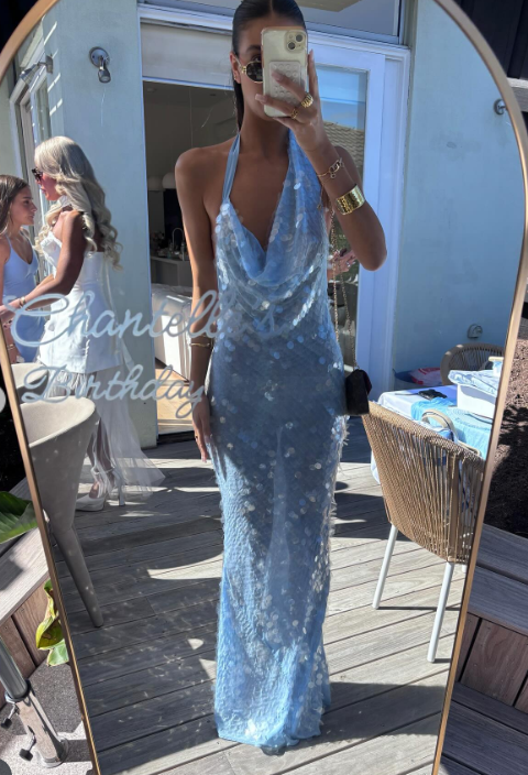 Elegant Mermaid Halter Light Green Sequin Long Prom Dresses Party Dress 21st Birthday Outfits Graduation Dresses DH2265