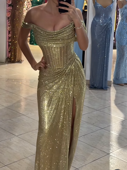 Sparkly Mermaid Off The Shoulder Blue Sequin Long Slit Evening Party Gowns Evening Dress Special Formal Dresses Prom Dress DH2318