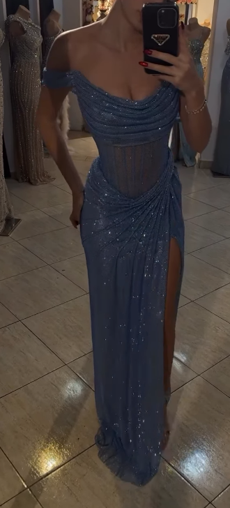 Sparkly Mermaid Off The Shoulder Blue Sequin Long Slit Evening Party Gowns Evening Dress Special Formal Dresses Prom Dress DH2318