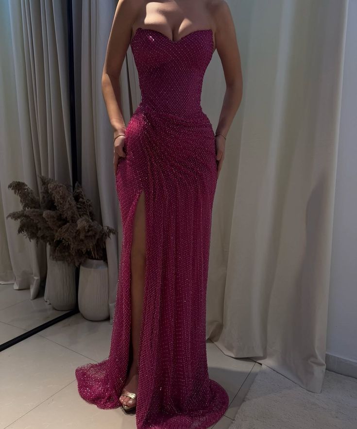 Elegant Mermaid Sweetheart Sequin Hot Pink Slit Long Prom Dresses Party Dress 18th Birthday Outfits Graduation Dresses DH2325