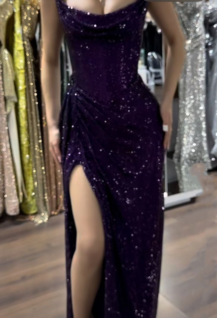 Sparkly Mermaid Strapless Grape Sequin Long Slit Evening Party Gowns Evening Dress Special Formal Dresses Prom Dress DH2330