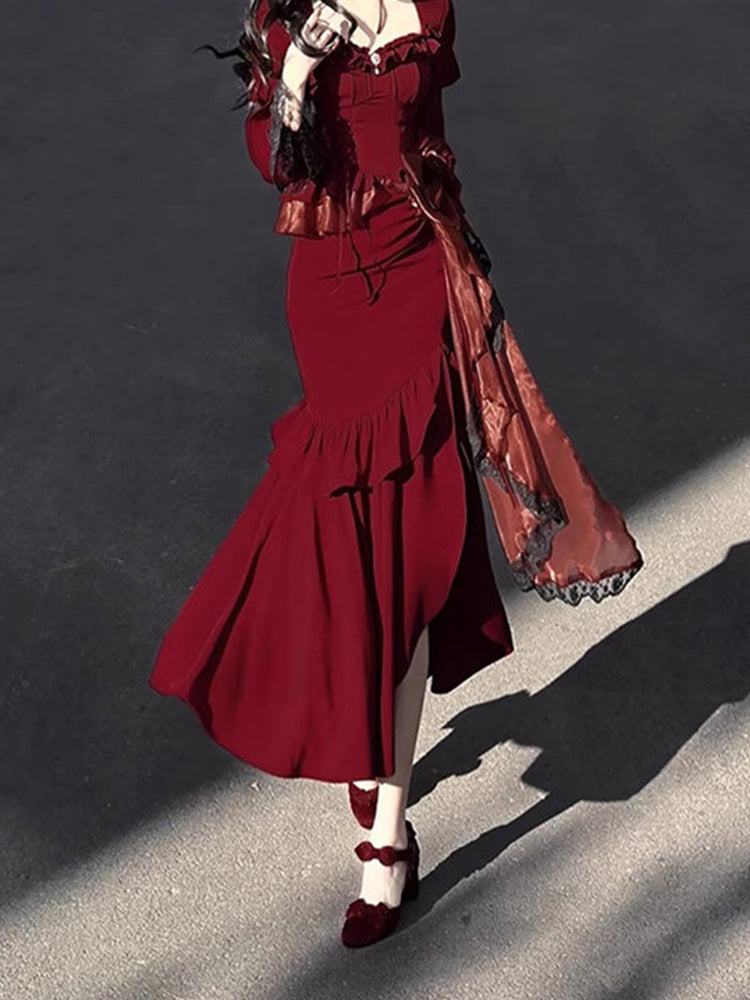 Vintage Mermaid Square Neck Burgundy Satin Long Summer 18th Birthday Dress Lolita Dress 18th Birthday Outfits Lolita Outfit DH2440