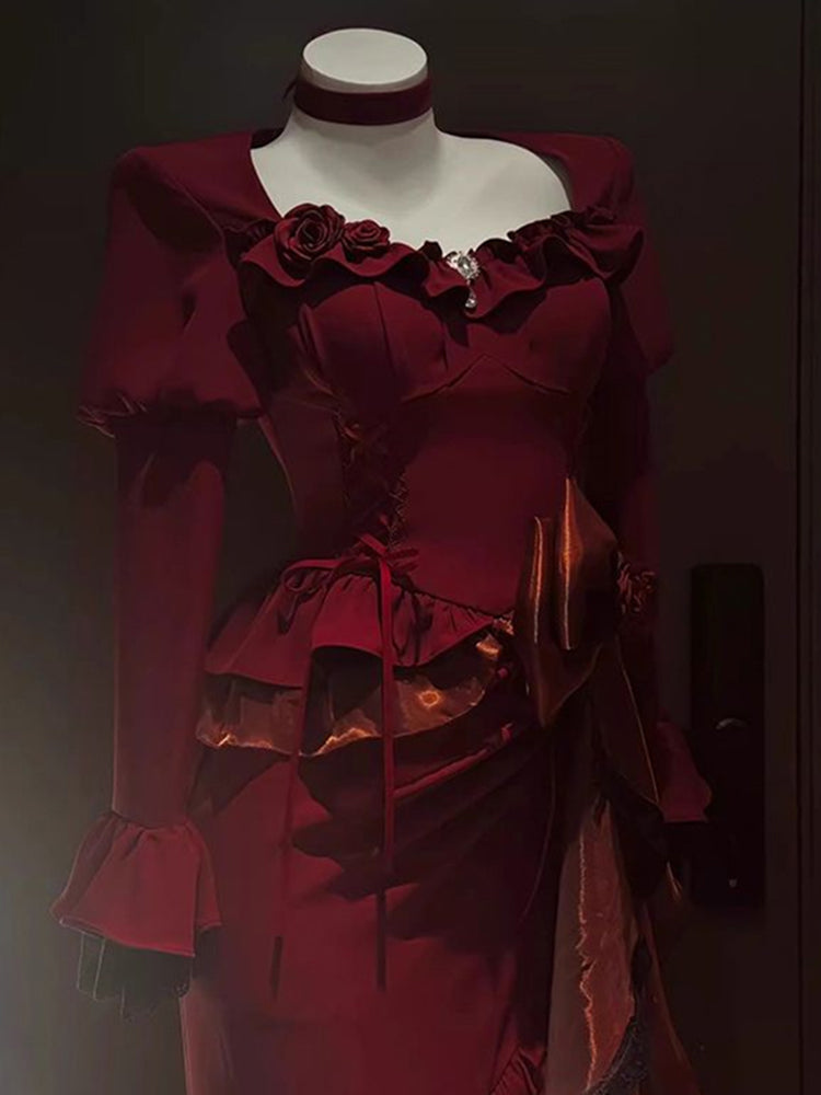 Vintage Mermaid Square Neck Burgundy Satin Long Summer 18th Birthday Dress Lolita Dress 18th Birthday Outfits Lolita Outfit DH2440