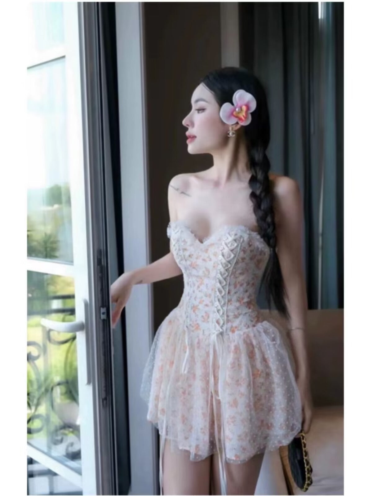 Robe de soirée courte et élégante, coupe trapèze, décolleté en cœur, motif floral, bleu, tenue de soirée, de remise de diplôme, de cocktail, pour le collège, DH2461