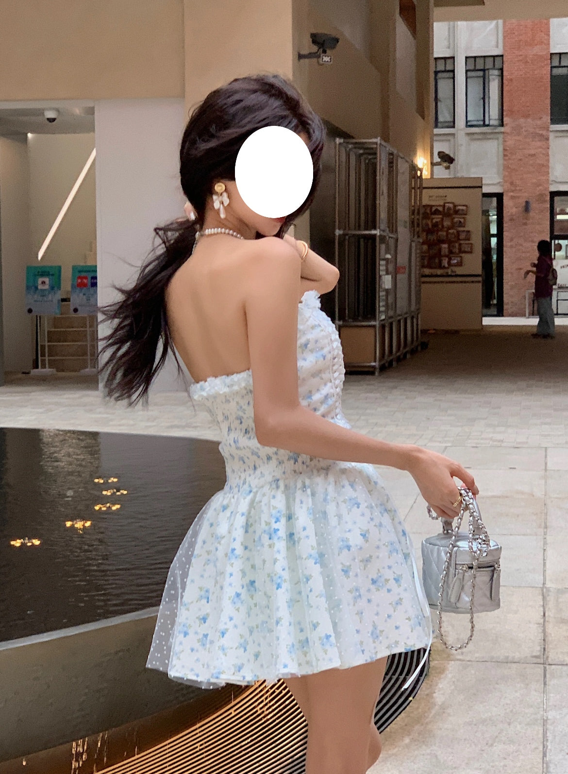 Robe de soirée courte et élégante, coupe trapèze, décolleté en cœur, motif floral, bleu, tenue de soirée, de remise de diplôme, de cocktail, pour le collège, DH2461