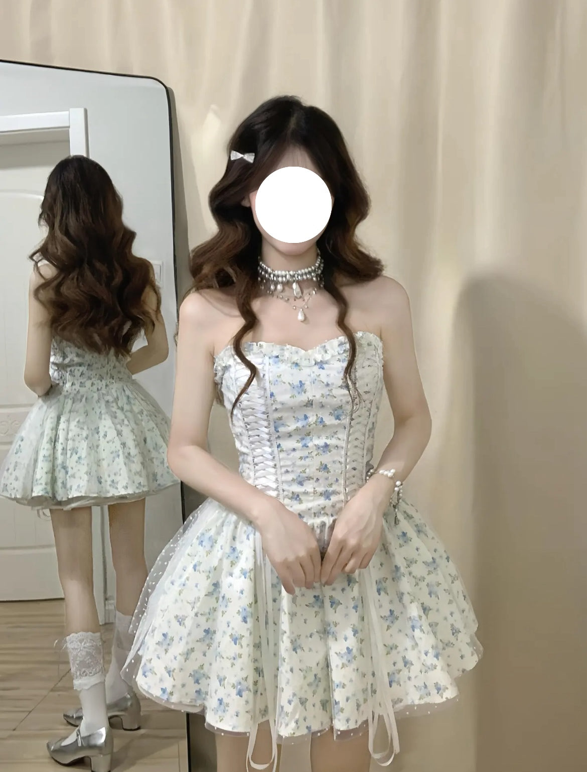 Robe de soirée courte et élégante, coupe trapèze, décolleté en cœur, motif floral, bleu, tenue de soirée, de remise de diplôme, de cocktail, pour le collège, DH2461