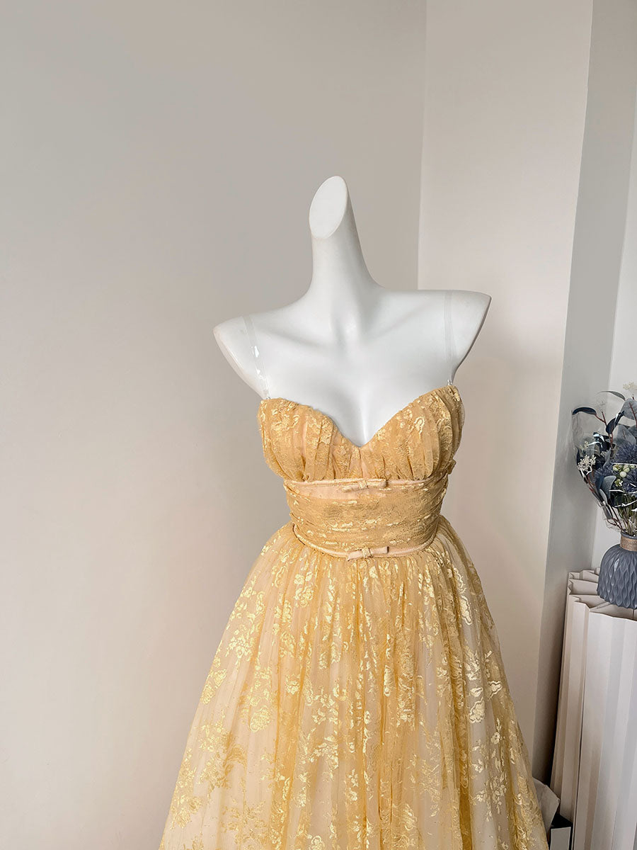 Jolie robe de soirée jaune en dentelle, coupe trapèze, décolleté en cœur, tenue de soirée, de remise de diplôme, de cocktail, DH2463
