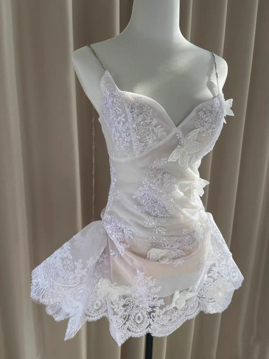 Robe de soirée courte en dentelle blanche à bretelles spaghetti, coupe trapèze, tenue de soirée pour 16 ans, robe de remise de diplôme, mini robe de cocktail DH2464