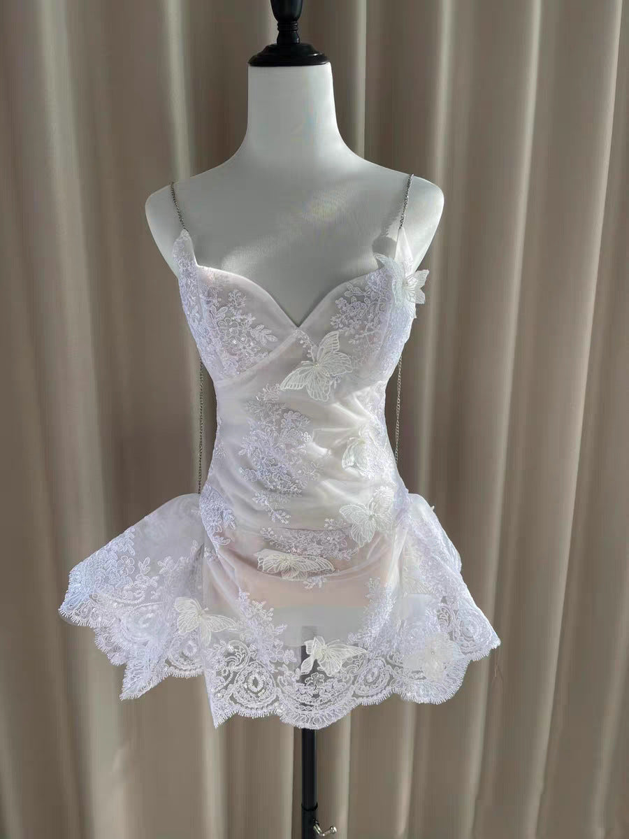 Robe de soirée courte en dentelle blanche à bretelles spaghetti, coupe trapèze, tenue de soirée pour 16 ans, robe de remise de diplôme, mini robe de cocktail DH2464