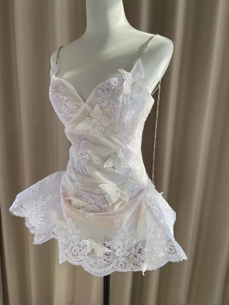 Robe de soirée courte en dentelle blanche à bretelles spaghetti, coupe trapèze, tenue de soirée pour 16 ans, robe de remise de diplôme, mini robe de cocktail DH2464