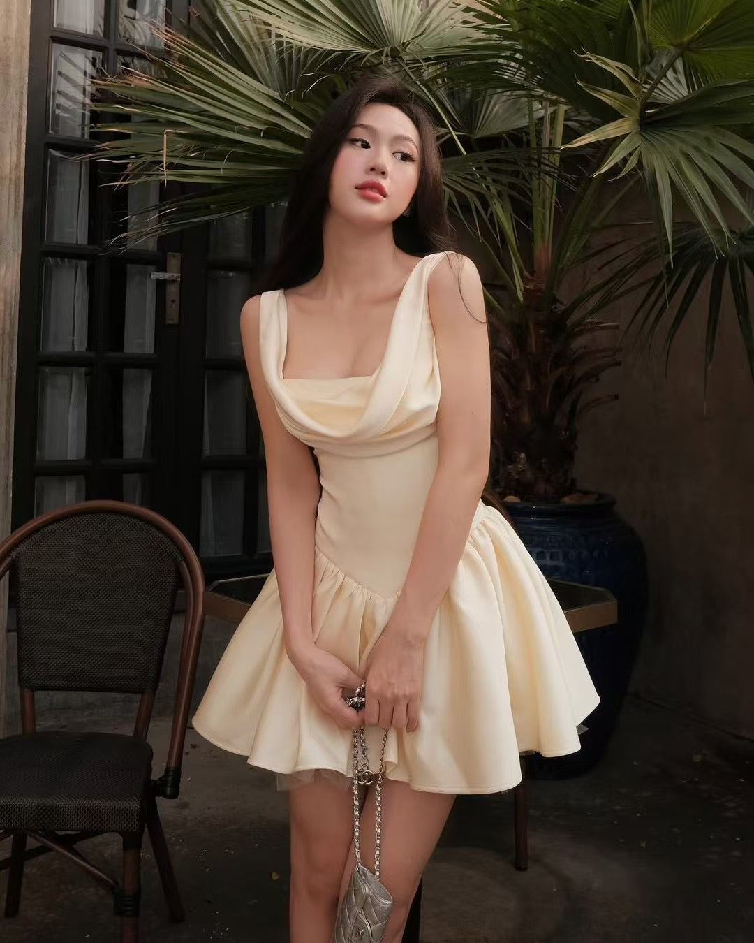 Jolie robe de soirée trapèze en satin champagne à col carré, tenue courte pour 16e anniversaire, robe de remise de diplôme, mini robe de cocktail DH2466