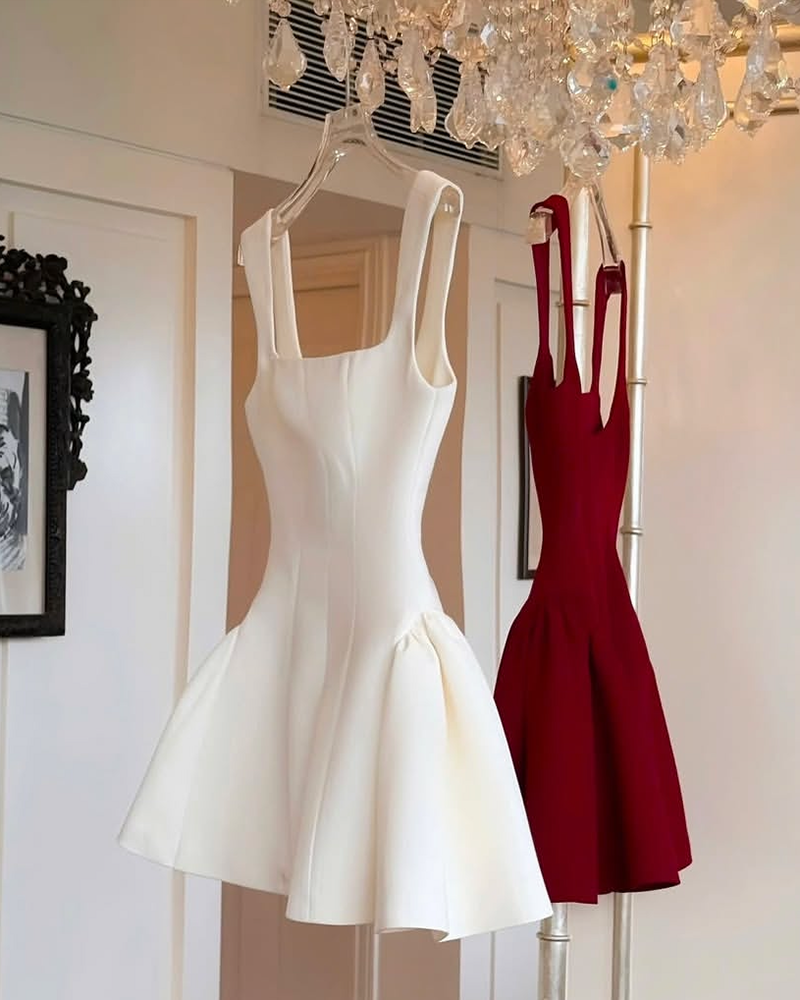 Robe de soirée courte rouge à col carré et coupe trapèze, simple, tenue d'été Hoco, mini robe de cocktail DH2471