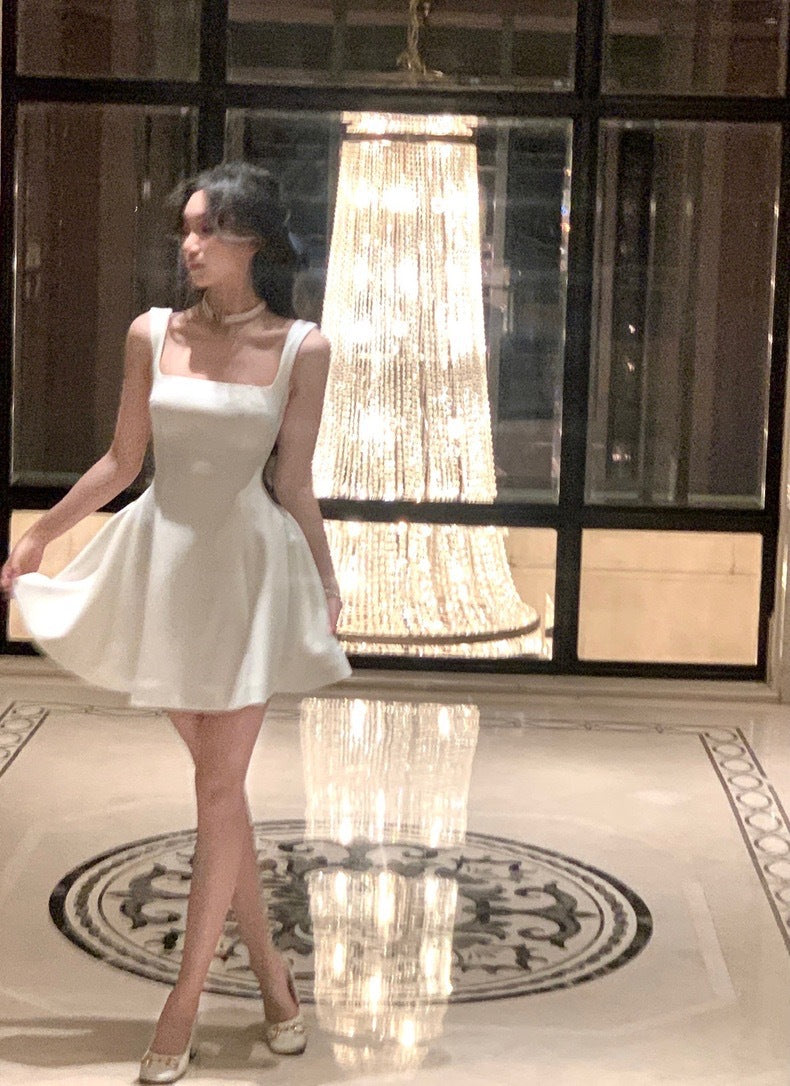 Robe de soirée courte noire à col carré et coupe trapèze, tenue d'été Hoco, mini robe de cocktail DH2472